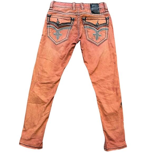 Rock Revival Y2K Jacoby Orange Fleur De Lis Jeans - Picture 2 of 6